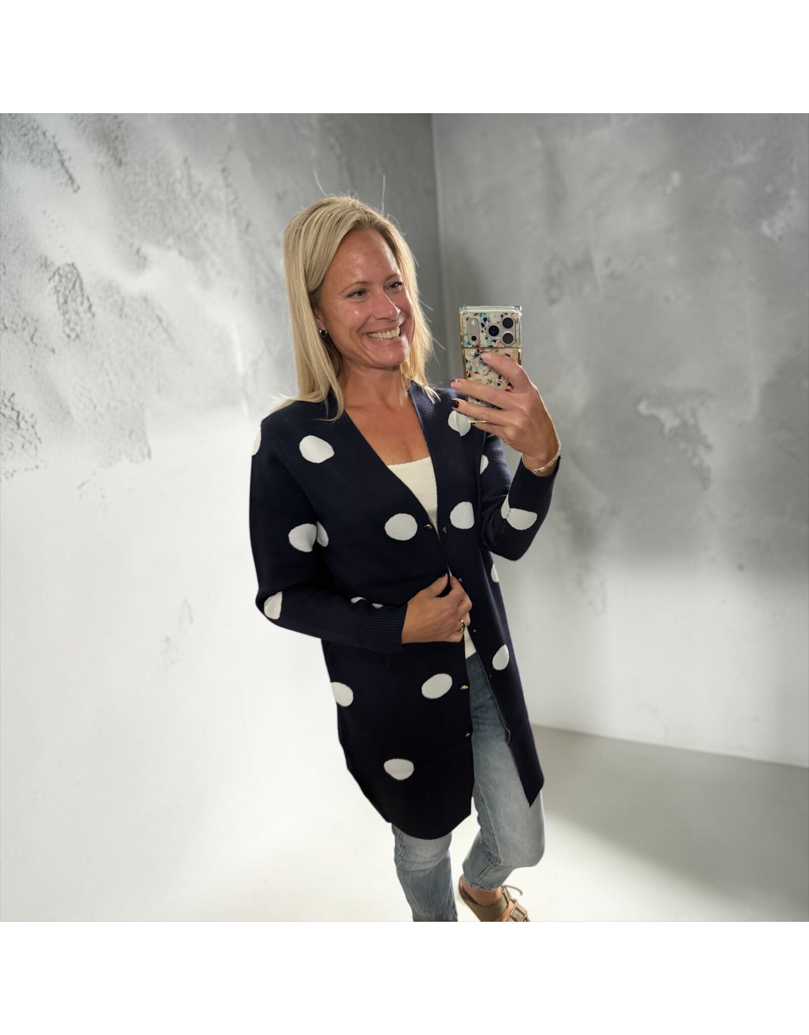 Navy with polkadots cardigan w/ gold snaps
