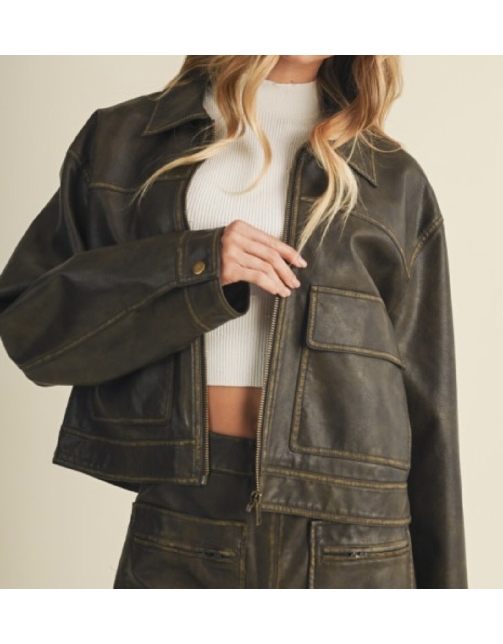 mustard seed Distressed faux leather jacket