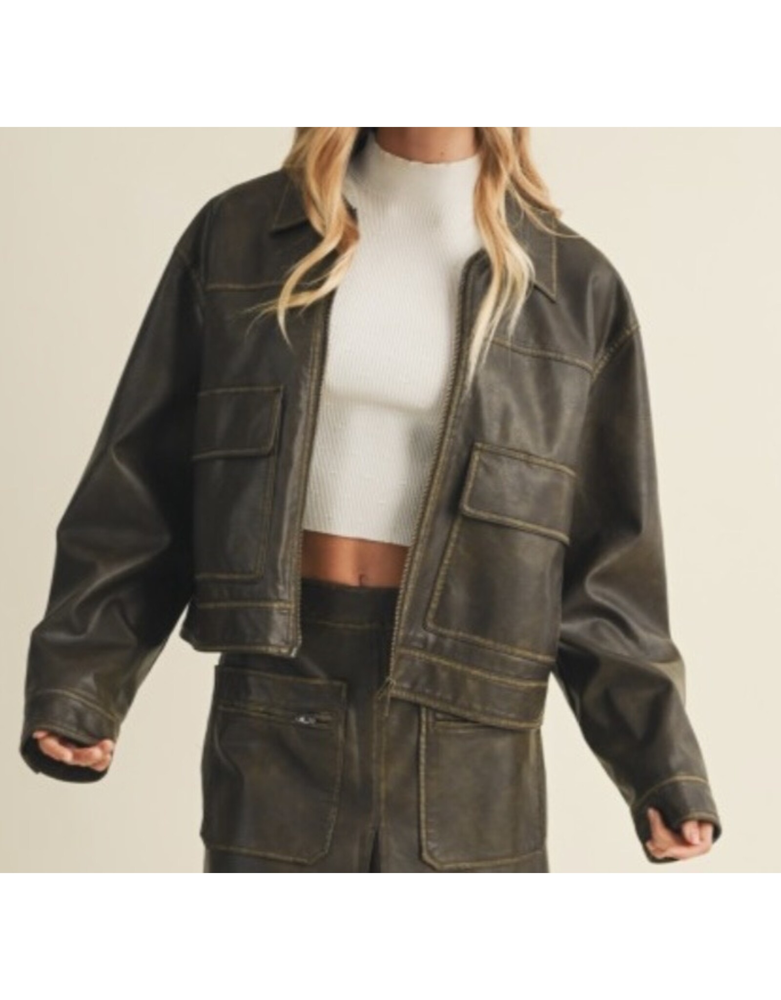 mustard seed Distressed faux leather jacket