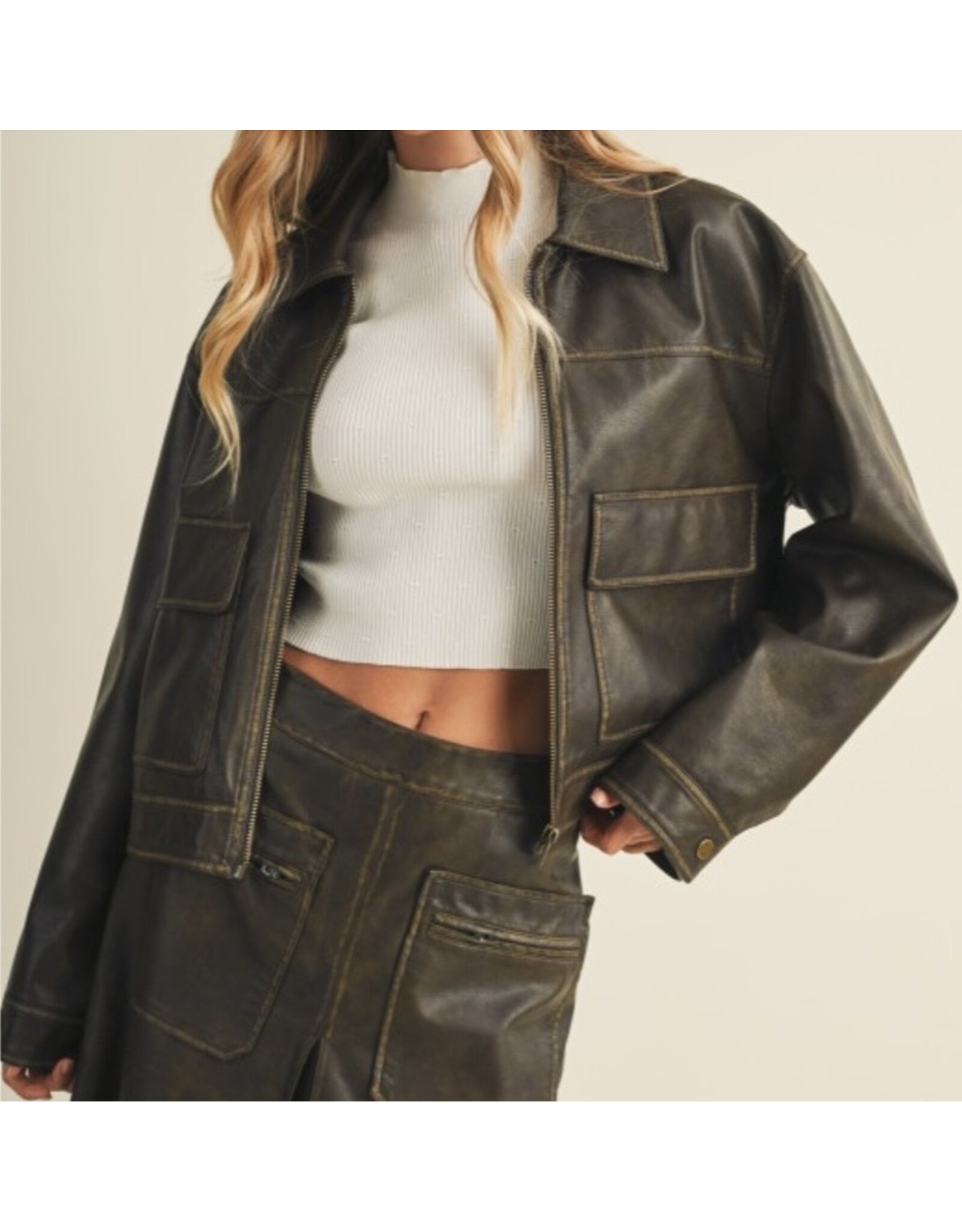 mustard seed Distressed faux leather jacket