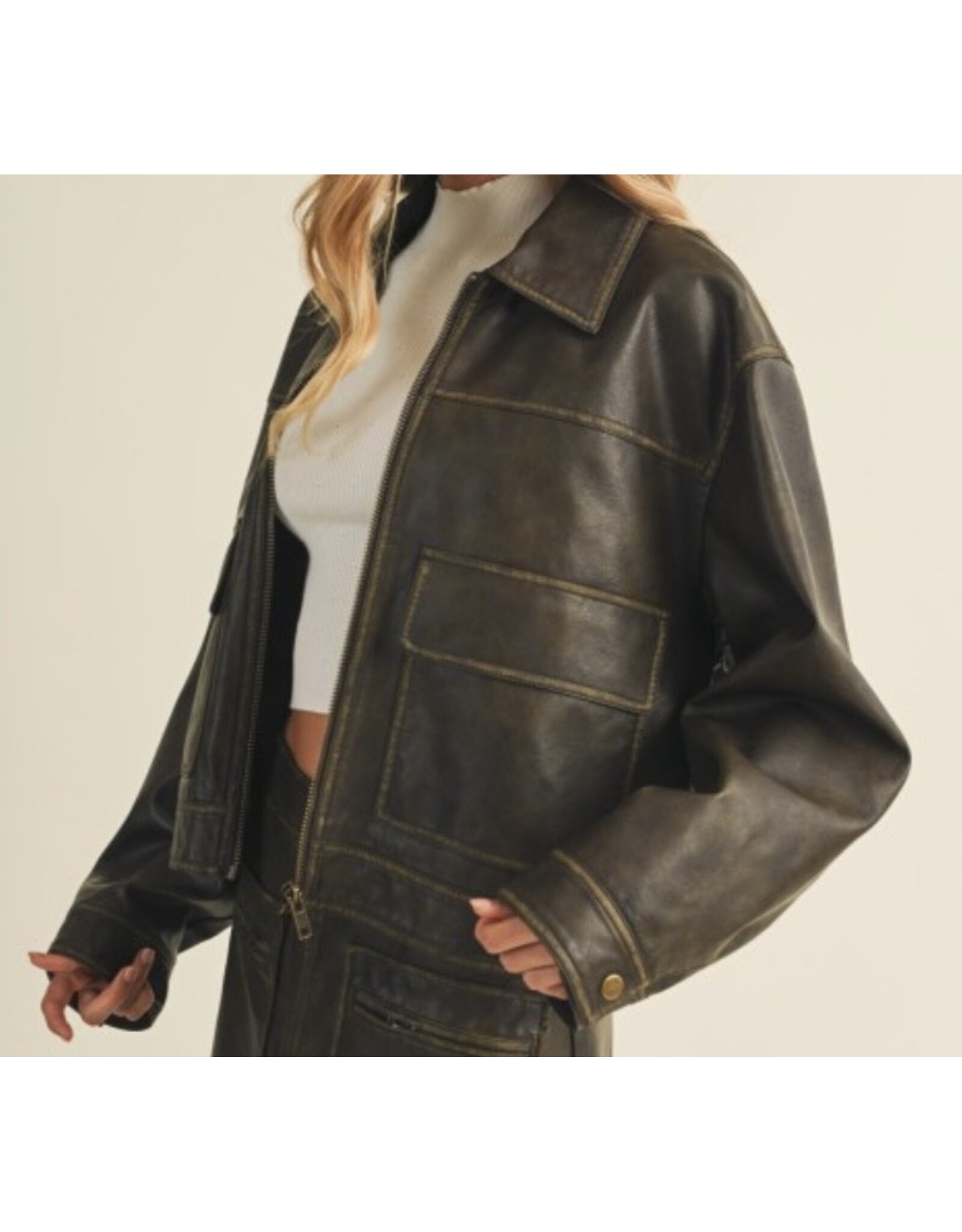 mustard seed Distressed faux leather jacket