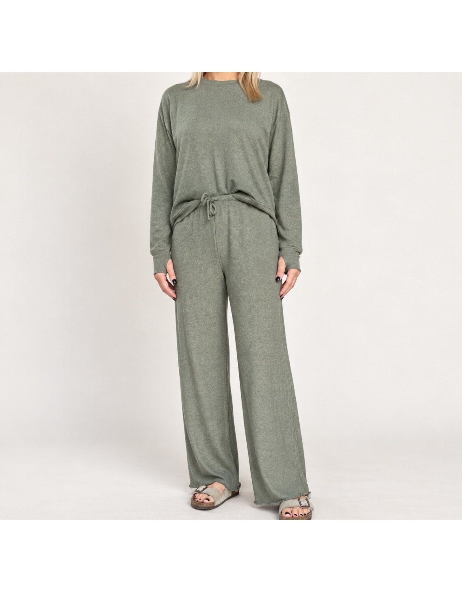 Olive tie waist pants w/ merrow bottom