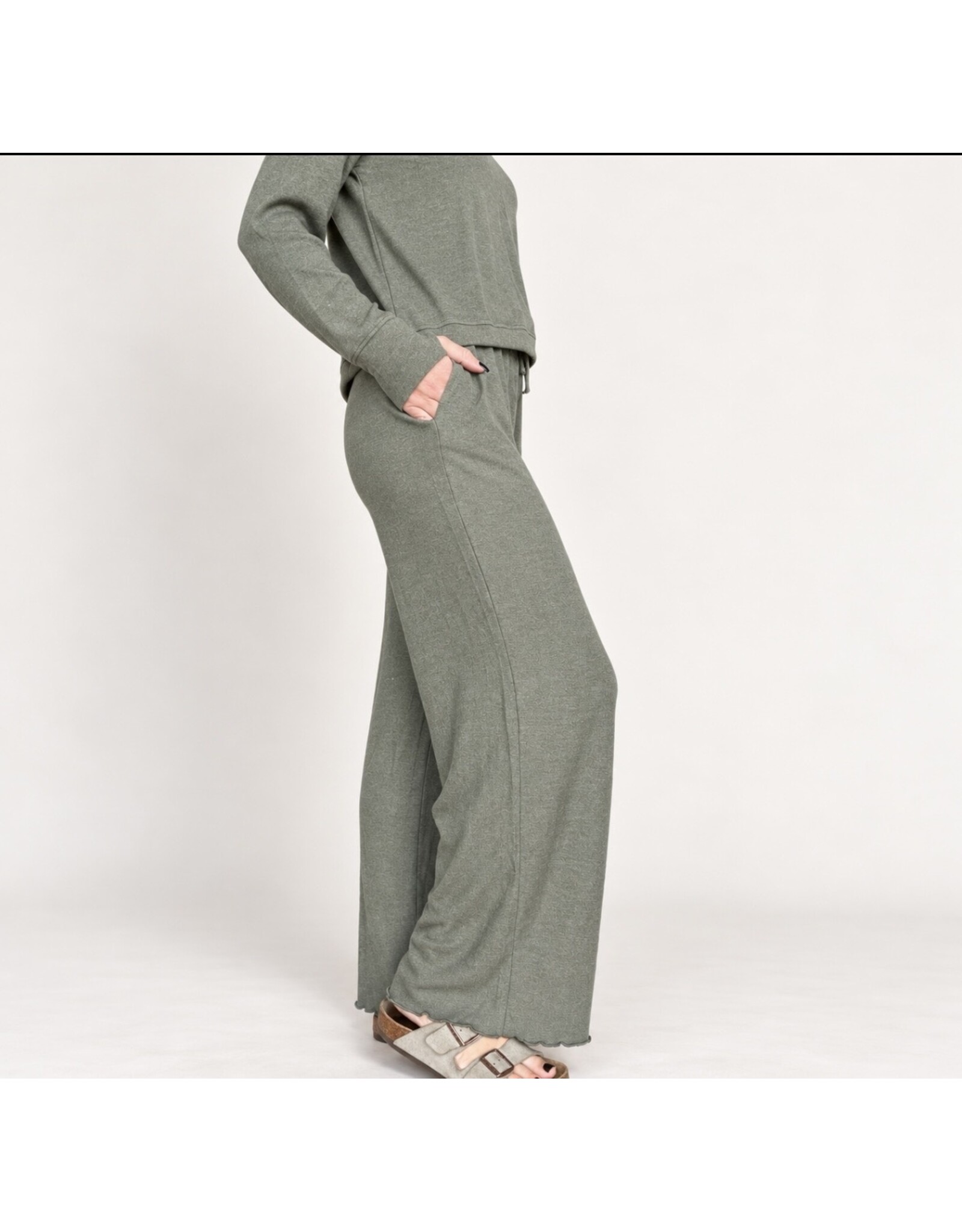 Olive tie waist pants w/ merrow bottom