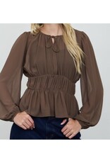 Blu pepper Peplum gathered tie neck l/s top