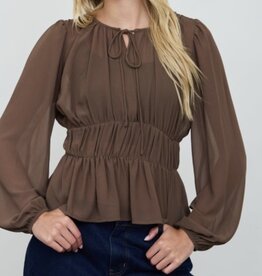 Blu pepper Peplum gathered tie neck l/s top