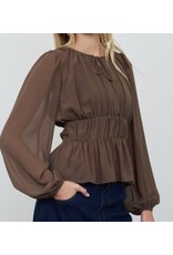 Blu pepper Peplum gathered tie neck l/s top