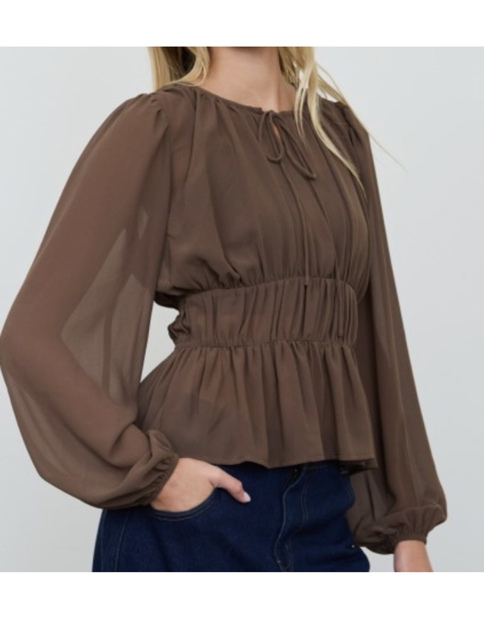 Blu pepper Peplum gathered tie neck l/s top