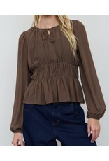 Blu pepper Peplum gathered tie neck l/s top