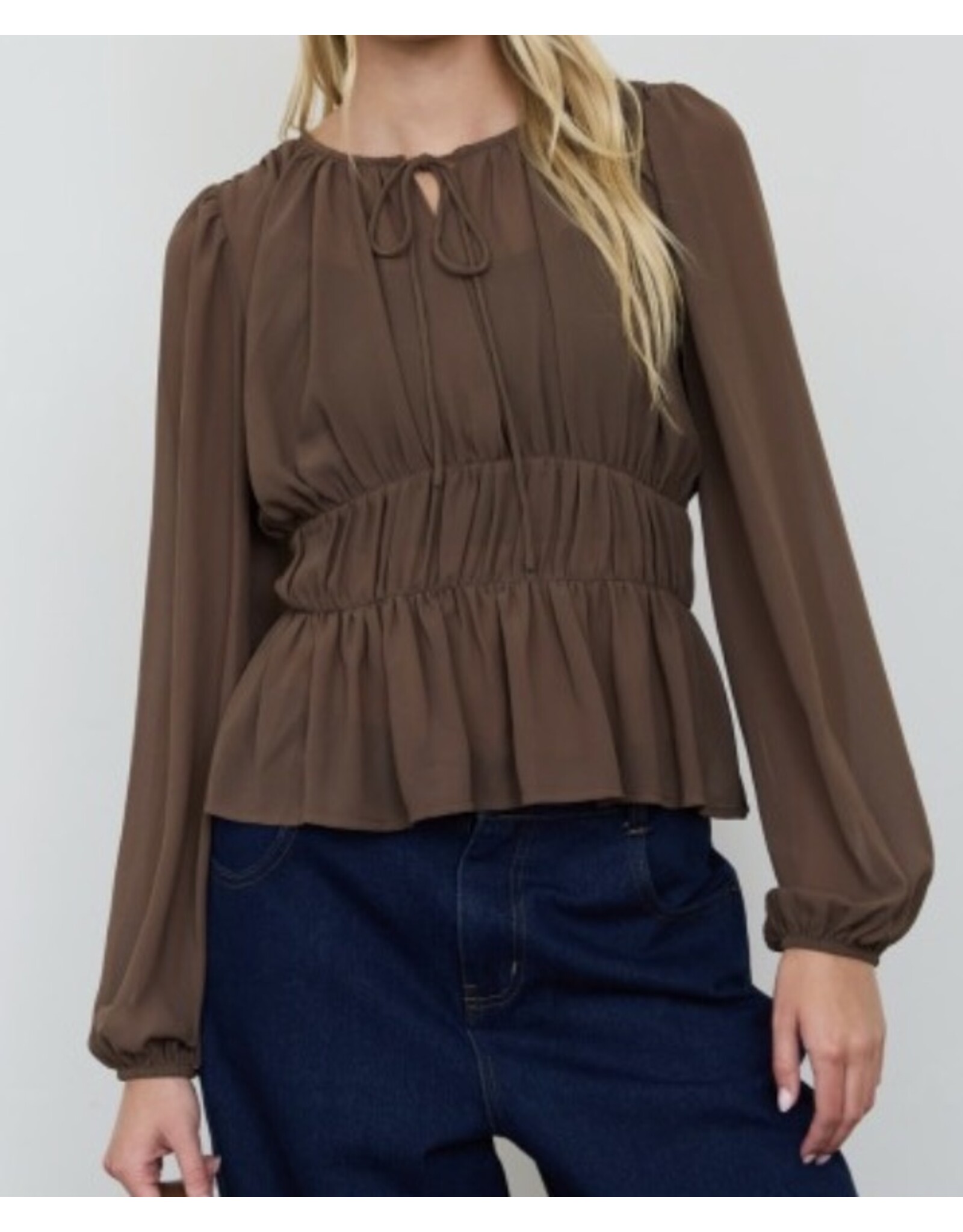 Blu pepper Peplum gathered tie neck l/s top