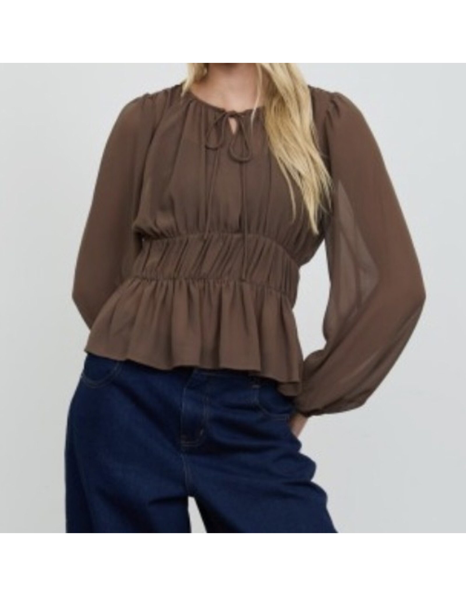 Blu pepper Peplum gathered tie neck l/s top