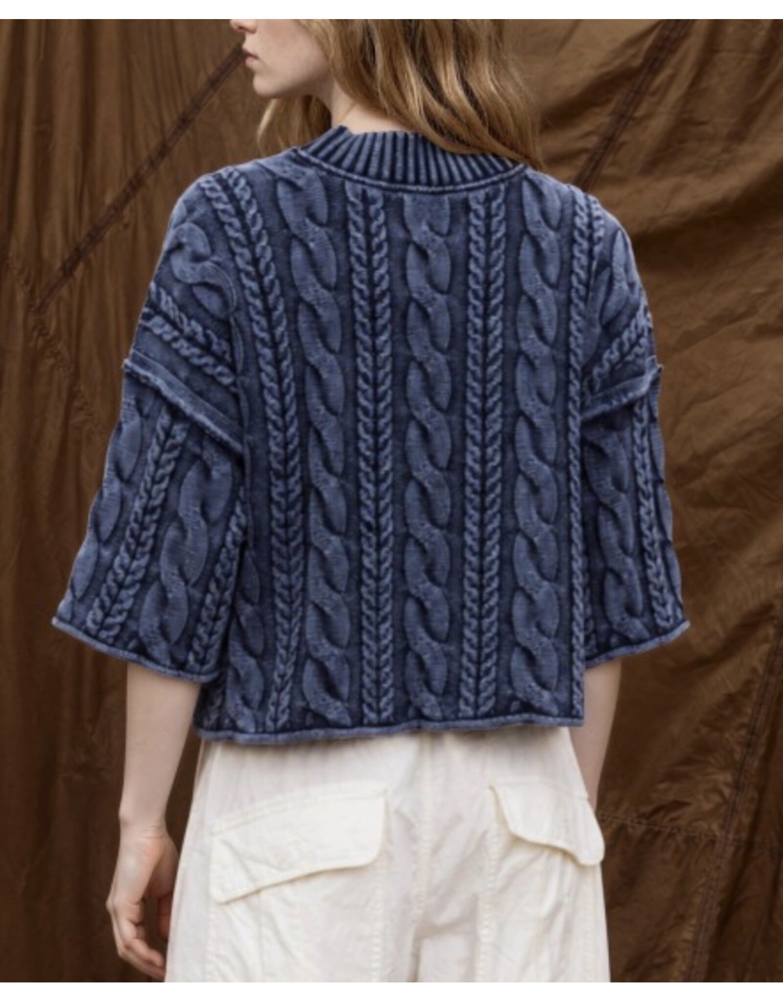 JOA Washed 3/4 Slv Turtleneck Cable Knit Pullover