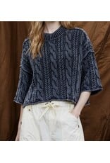 JOA Washed 3/4 Slv Turtleneck Cable Knit Pullover