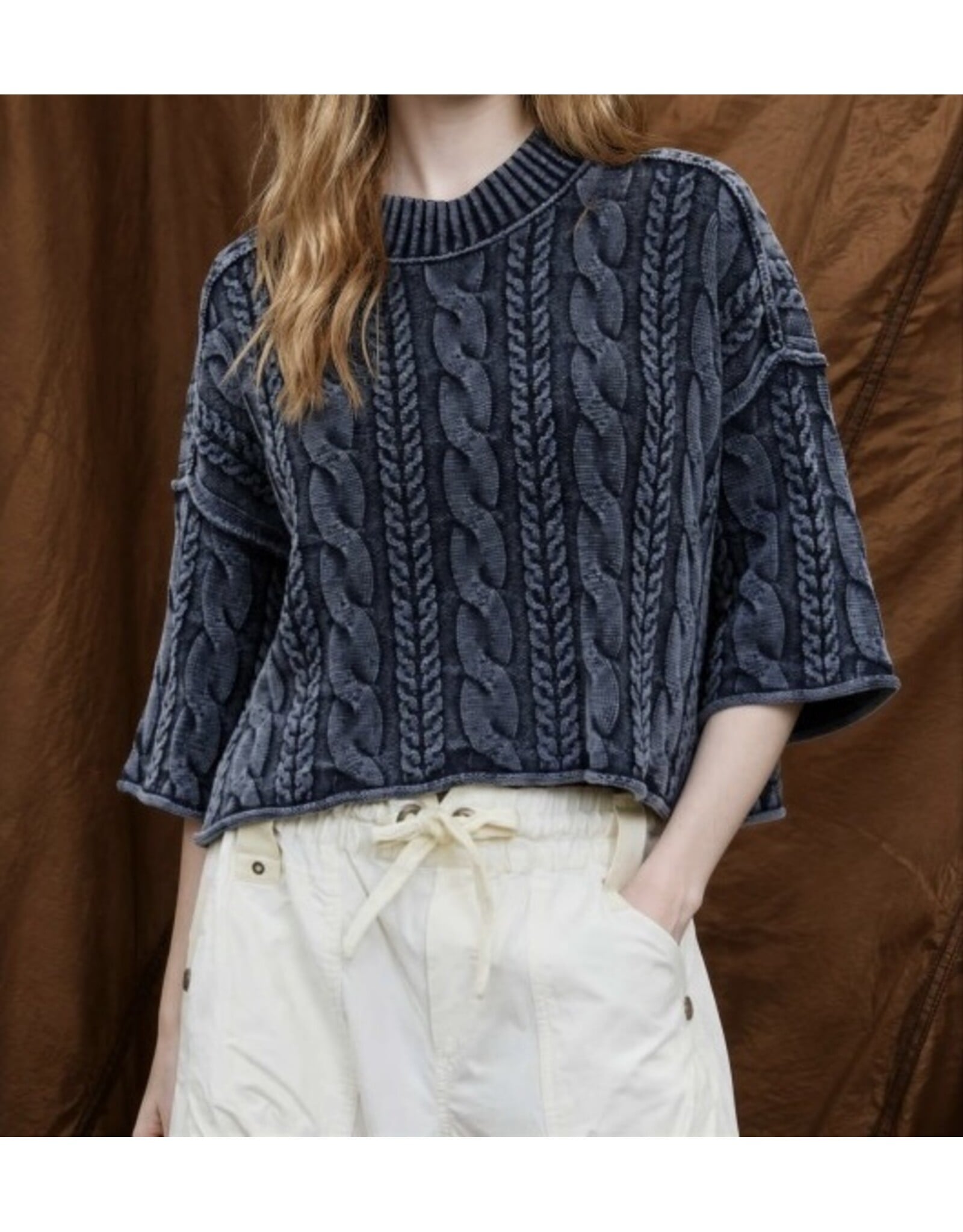 JOA Washed 3/4 Slv Turtleneck Cable Knit Pullover