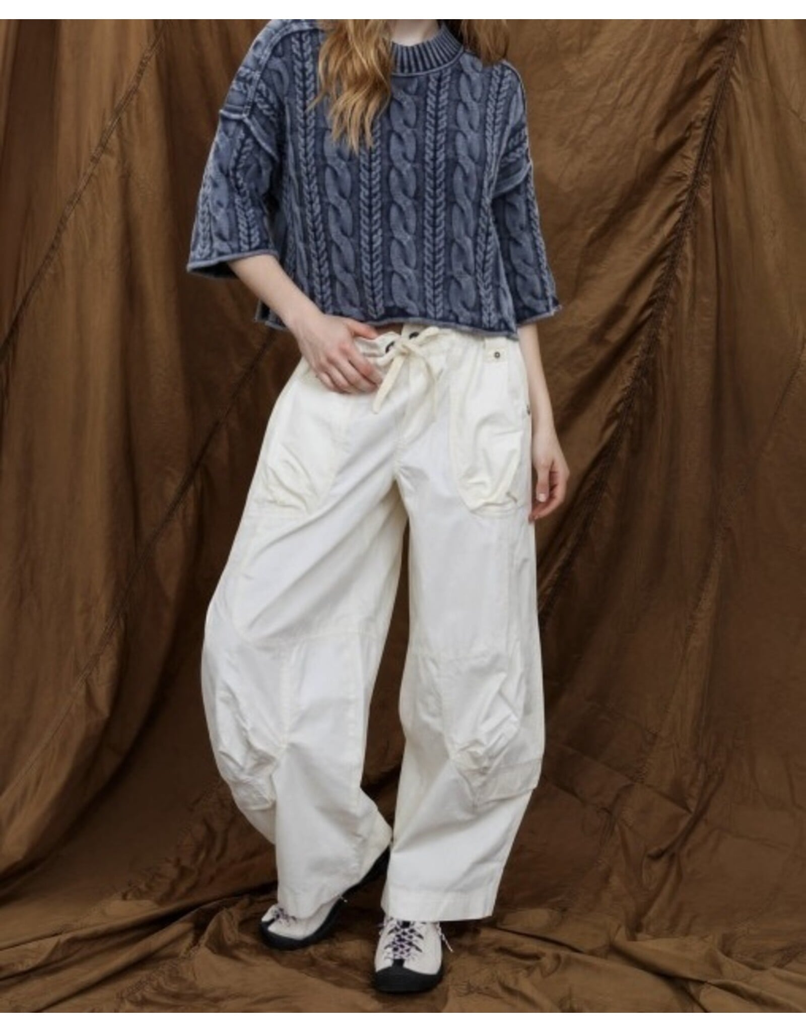 JOA Washed 3/4 Slv Turtleneck Cable Knit Pullover