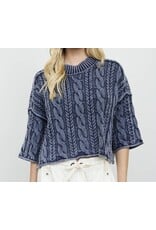 JOA Washed 3/4 Slv Turtleneck Cable Knit Pullover
