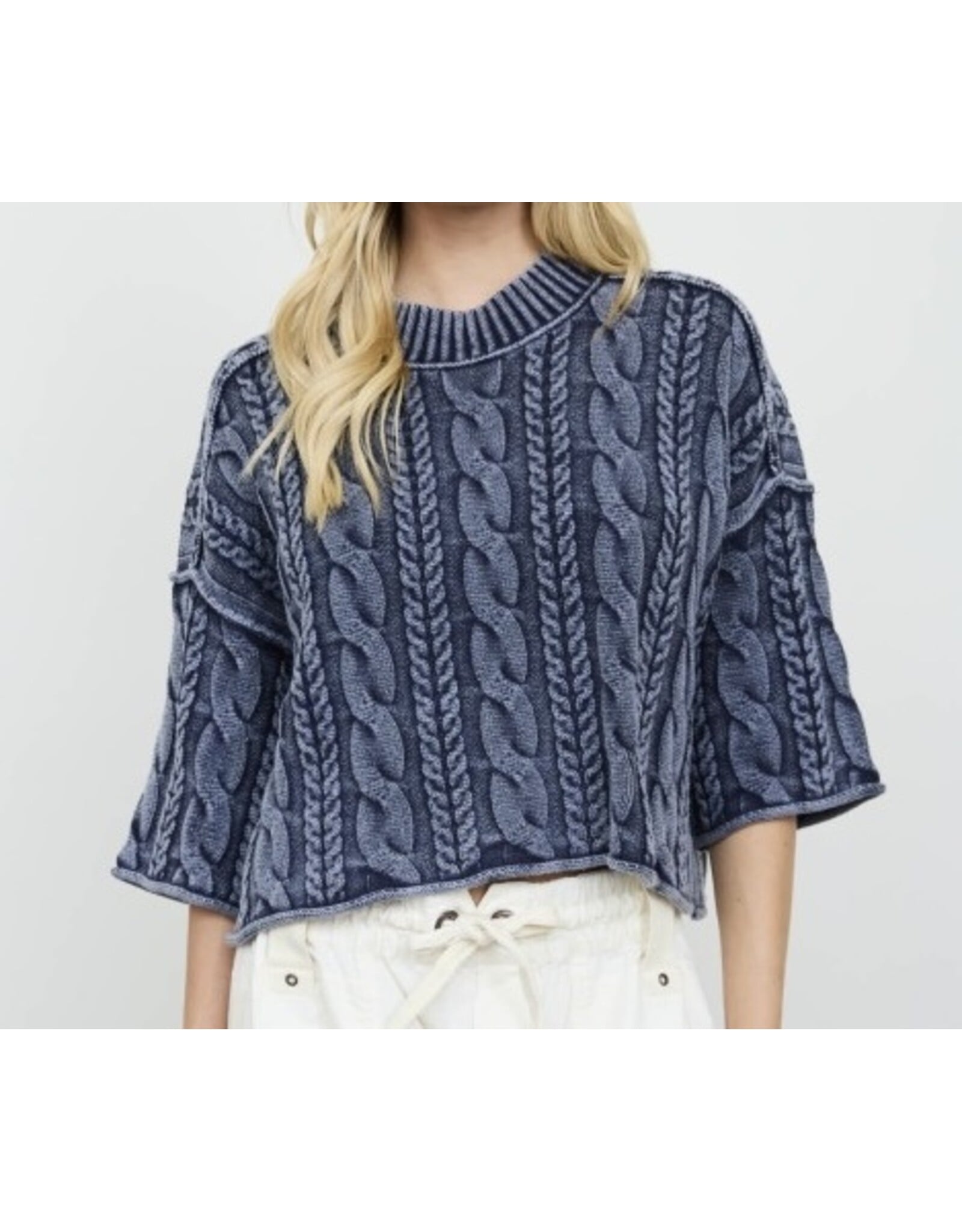 JOA Washed 3/4 Slv Turtleneck Cable Knit Pullover