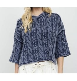 JOA Washed 3/4 Slv Turtleneck Cable Knit Pullover