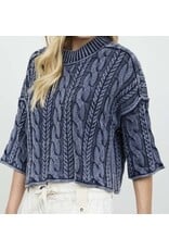 JOA Washed 3/4 Slv Turtleneck Cable Knit Pullover