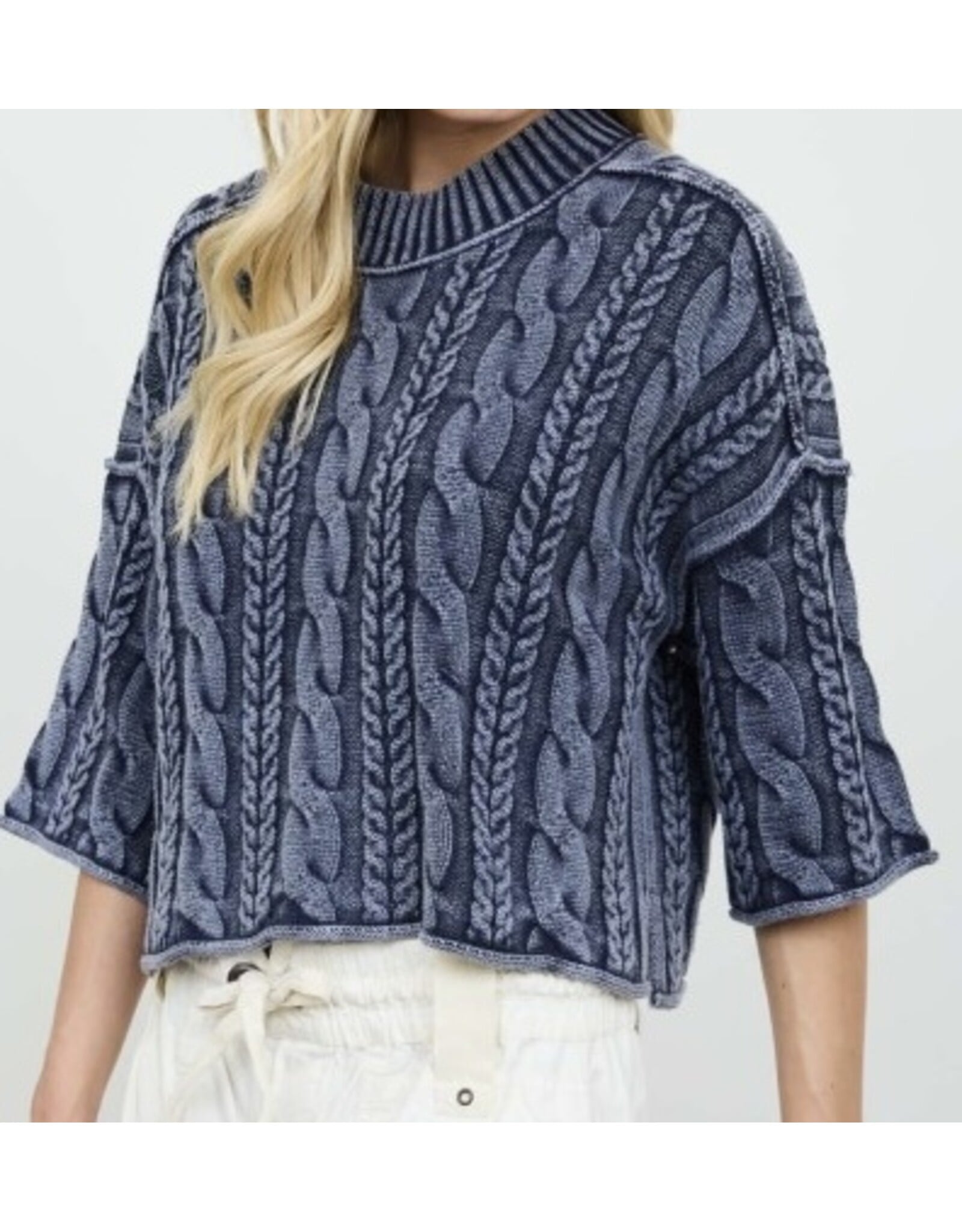 JOA Washed 3/4 Slv Turtleneck Cable Knit Pullover