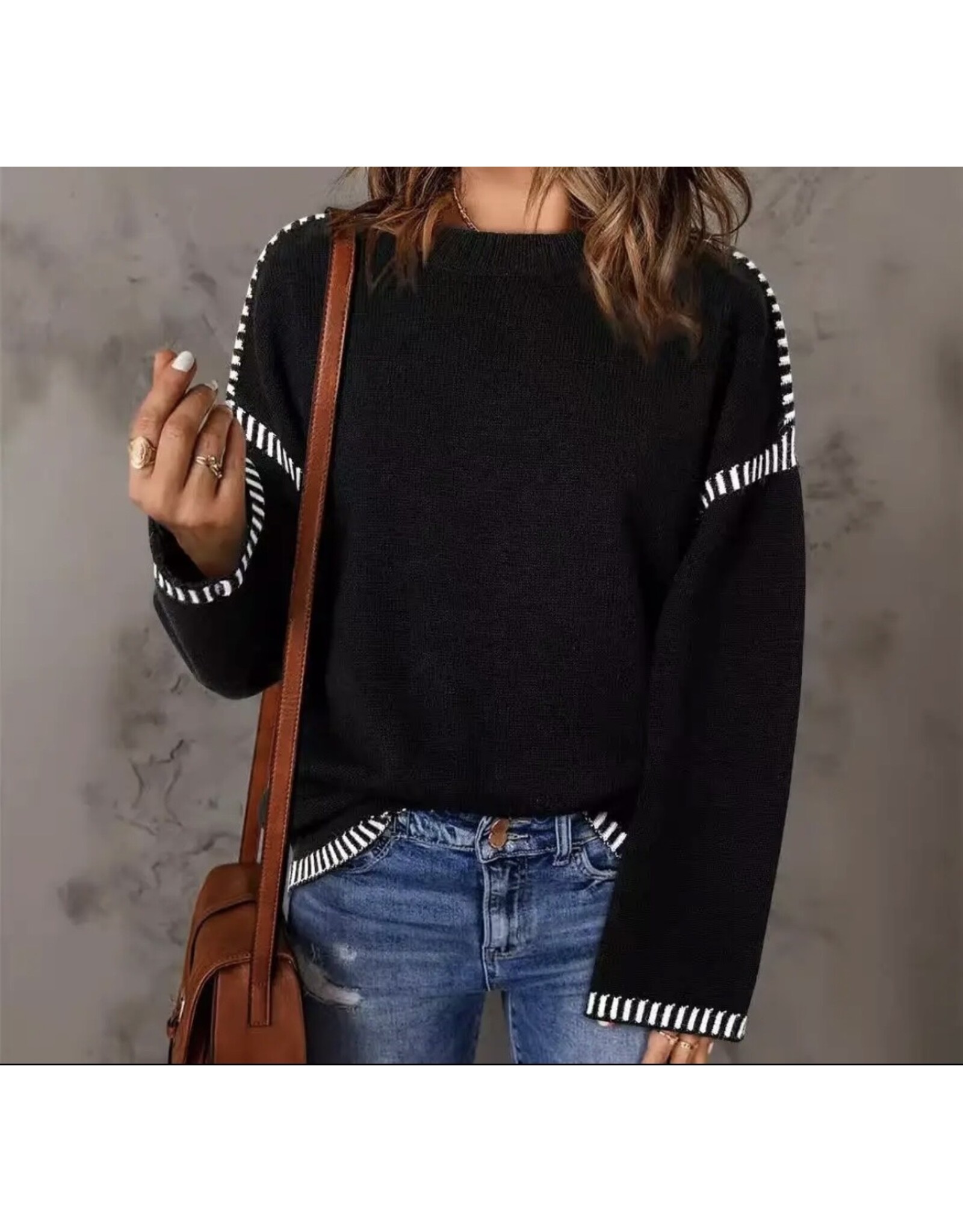 Miss sparkling Black w/ white contrast cable knit sweater