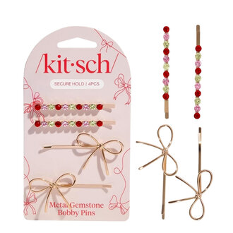 Kitsch Metal Gemstone & Bow Bobby Pins (4/Pack)