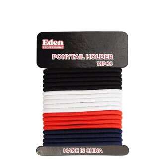 Eden Hair Accessories Ponytail Holder (4mm) - Black, White, Red and Navy Blue (Package of 18)