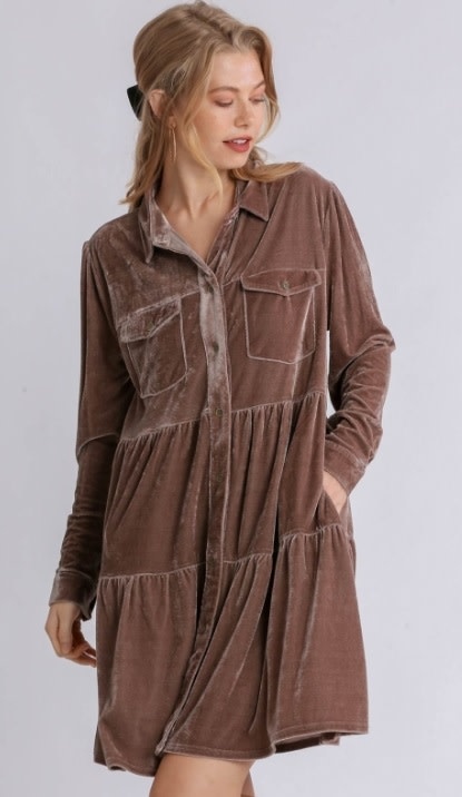 Almond Velvet Long Sleeve Collar Button 