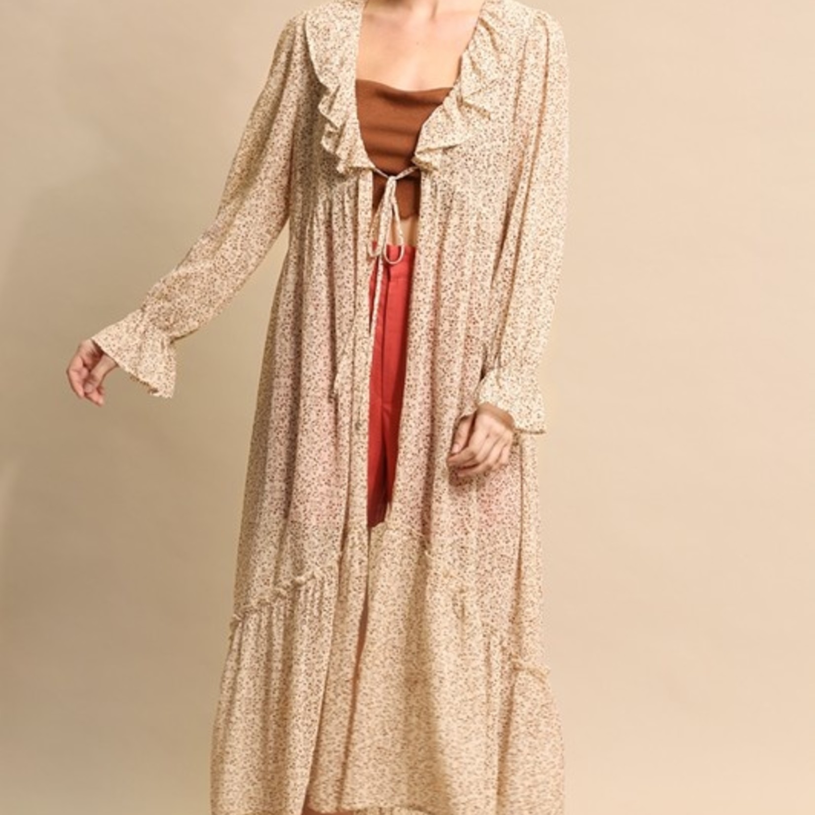Floral Print Long Puff Sleeve Tie Front Robe