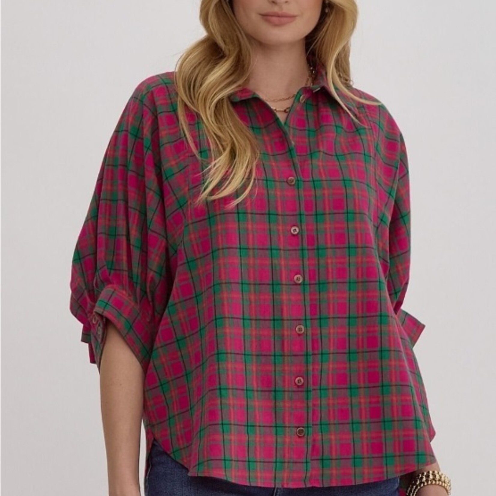 Entro Magenta Plaid Top