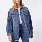 Sneak Peek Distressed Drop Shoulder Denim Jacket Fray Hem