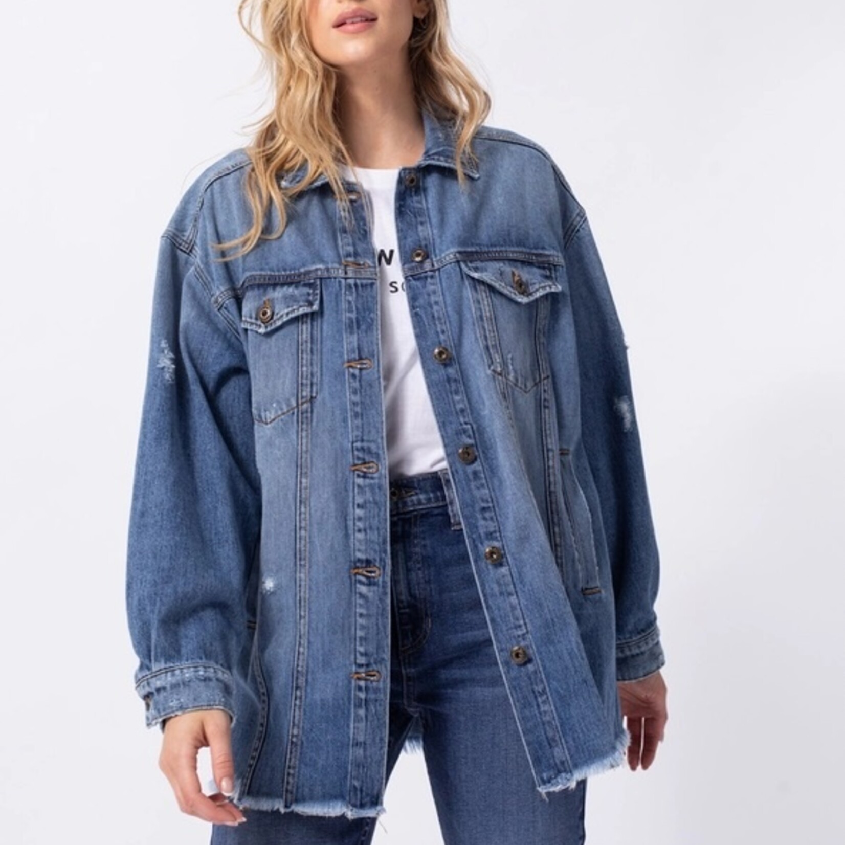 Sneak Peek Distressed Drop Shoulder Denim Jacket Fray Hem