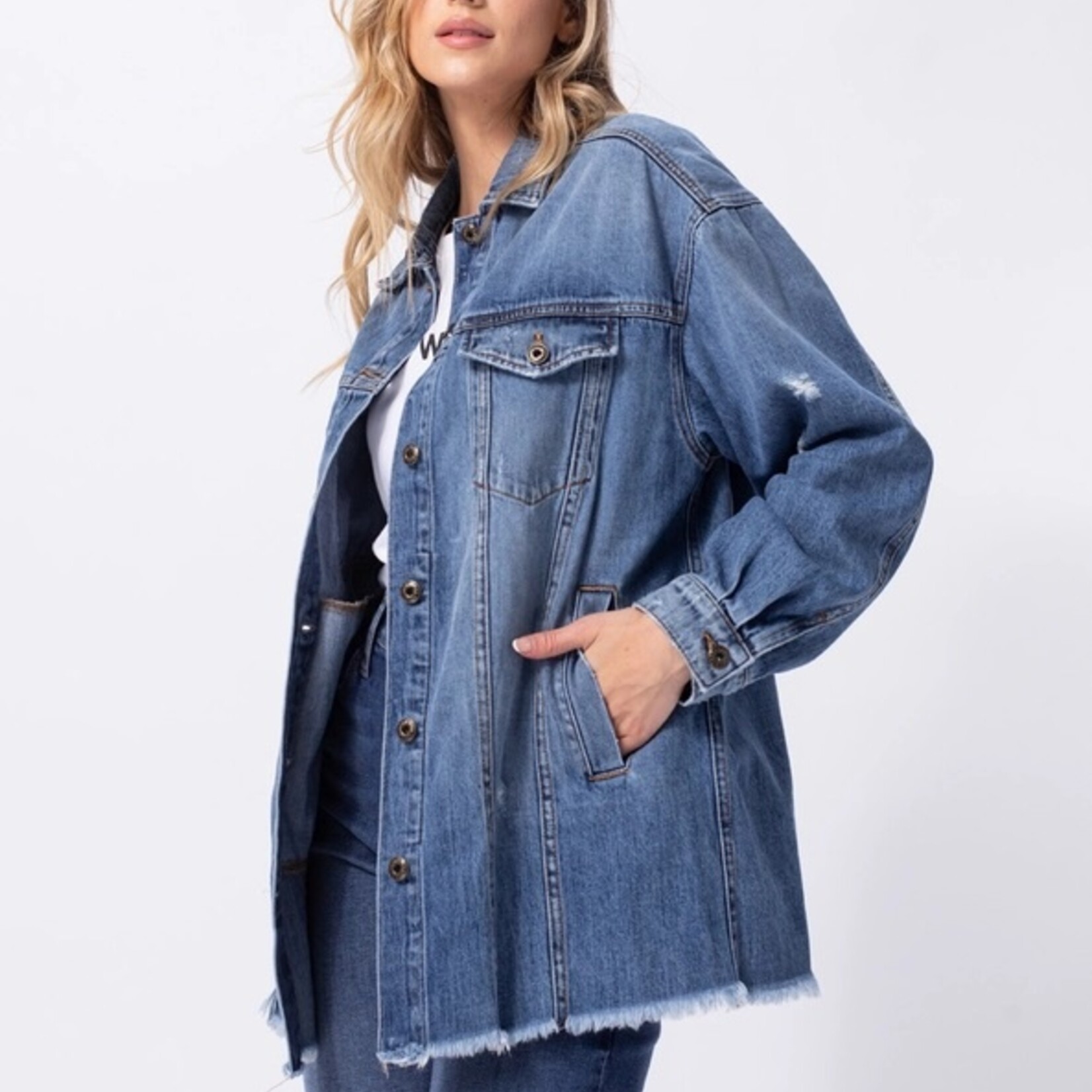 Sneak Peek Distressed Drop Shoulder Denim Jacket Fray Hem