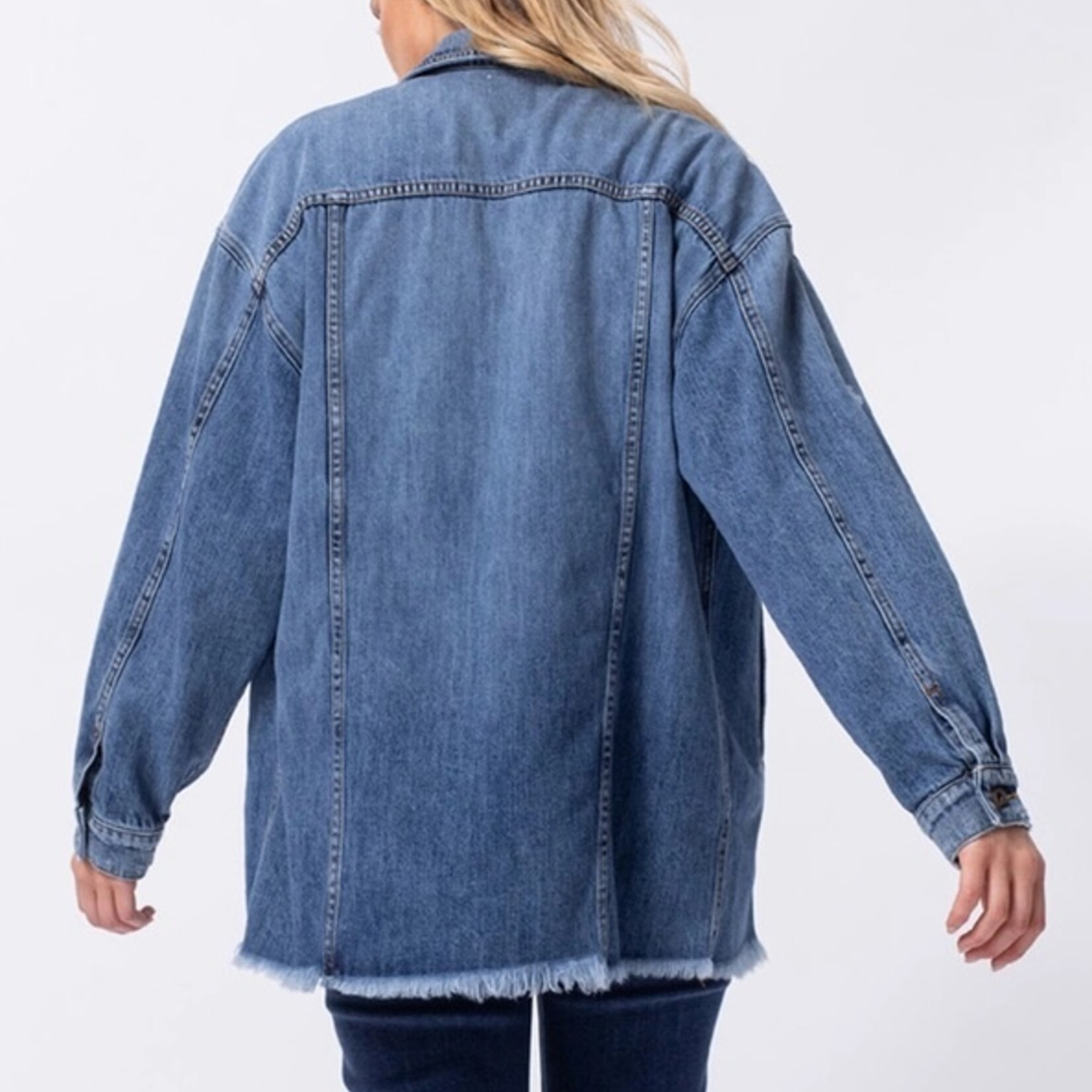 Sneak Peek Distressed Drop Shoulder Denim Jacket Fray Hem