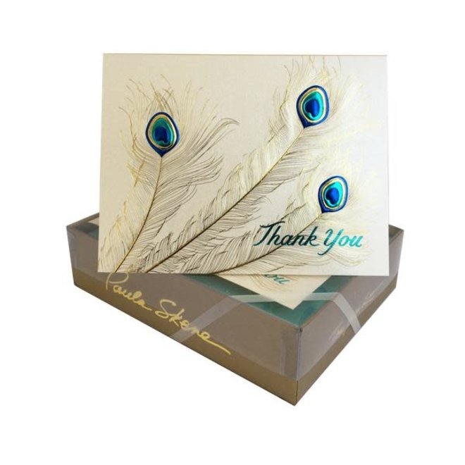 Paula Skene Peacock Trio on Champagne Boxed Thank You Cards