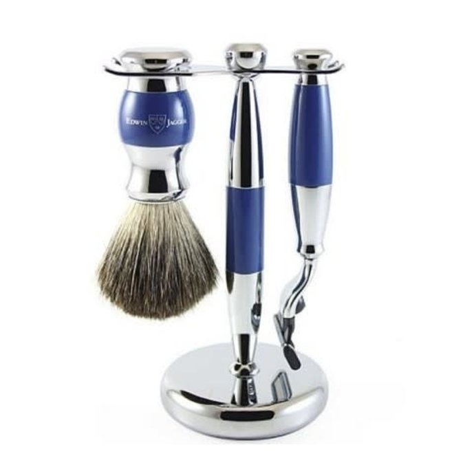 pære Absay Passiv Edwin Jagger 3 pc Classic Shaving Accessories Mach 3 Razor, Shaving Brush  Imitation Blue Pure Badger Chrome Plated Stand - British Isles