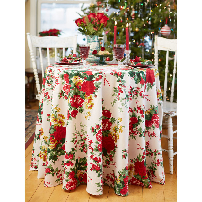 Christmas Cottage Rose Round Tablecloth (Ecru)