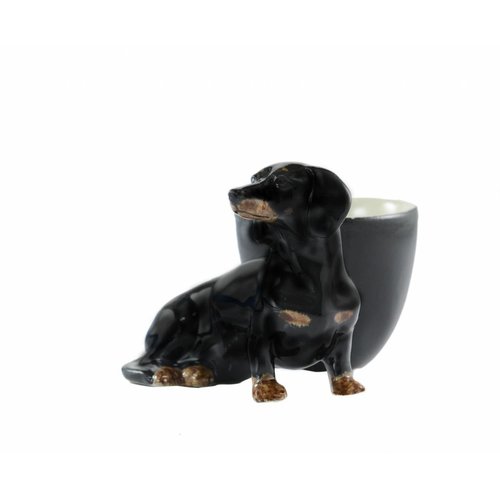 Quail Ceramics Quail Dachshund with Egg Cup (Black & Tan) Quail Ceramics Quail Dachshund with Egg Cup (Black & Tan)