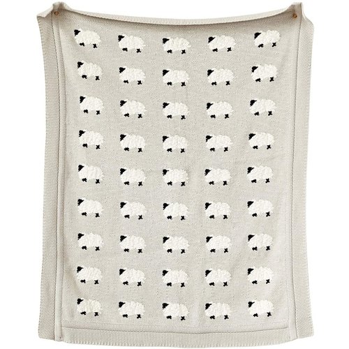 Cotton Knit Blanket w Sheep, Grey Cotton Knit Blanket w Sheep, Grey