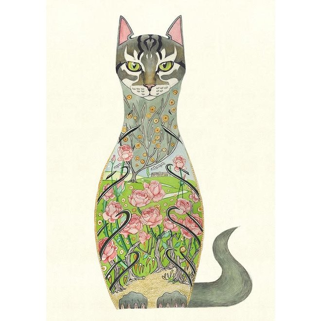 Watercolour Cat in a Rose Garden Card