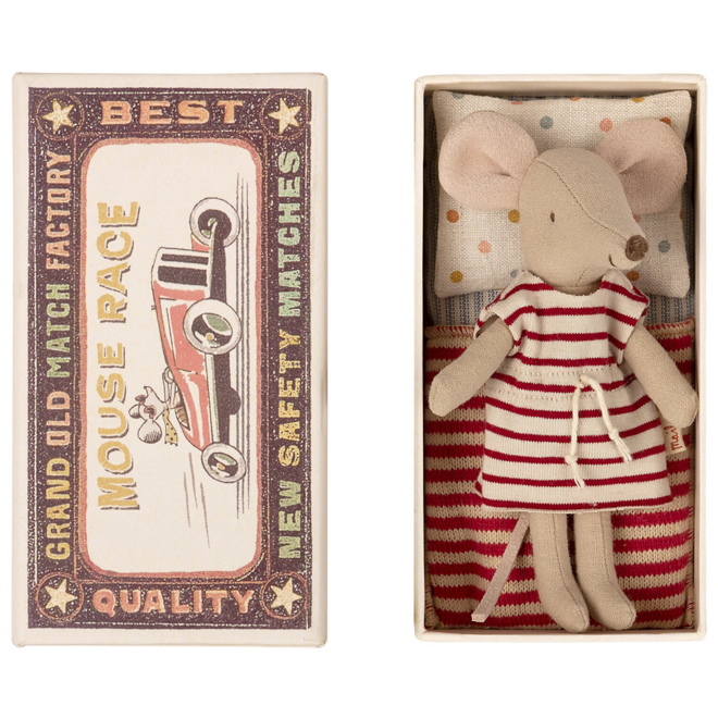 Maileg Big Sister Mouse in Matchbox, Red Stripe Dress