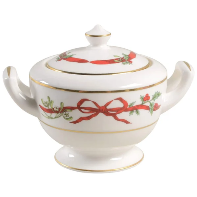 Holly Ribbons Covered Sugar Bowl