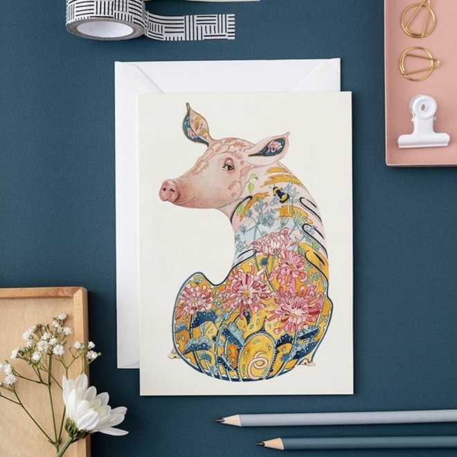 Watercolor Pig  Greeting Card