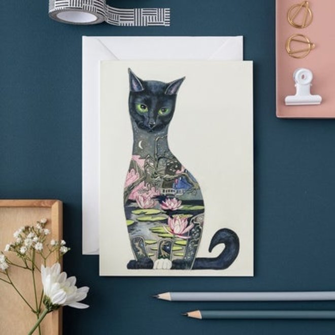 Watercolor Black Cat Greeting Card