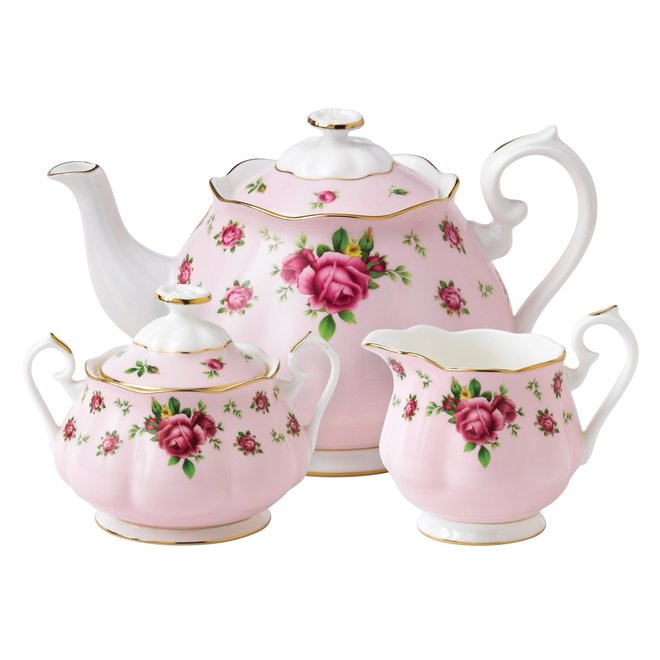 New Country Roses Pink Teapot, Cream & Sugar Set