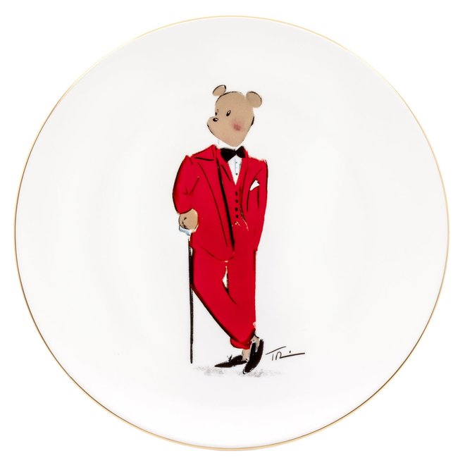 Hal the Bear Red & White 8" Coupe Plates, Set of 4