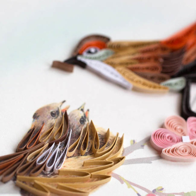 Mother Bird & Babies Handmade Quilled Card