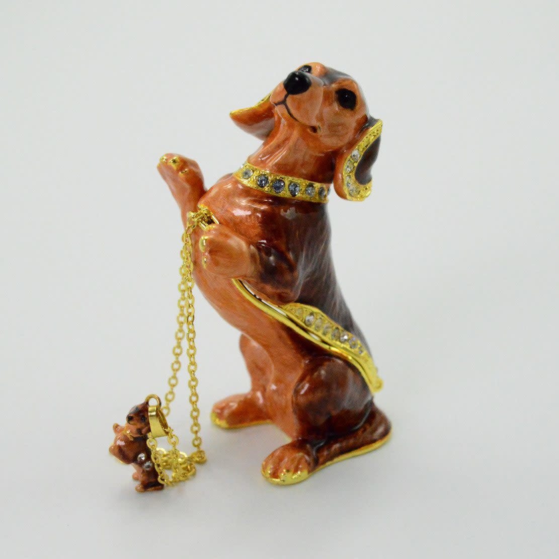 Black Dachshund Dog Jeweled Trinket Box w Matching Pendant Necklace 