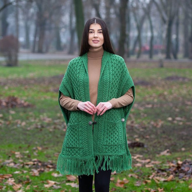 Ladies Green Merino Wool Pocket Shawl