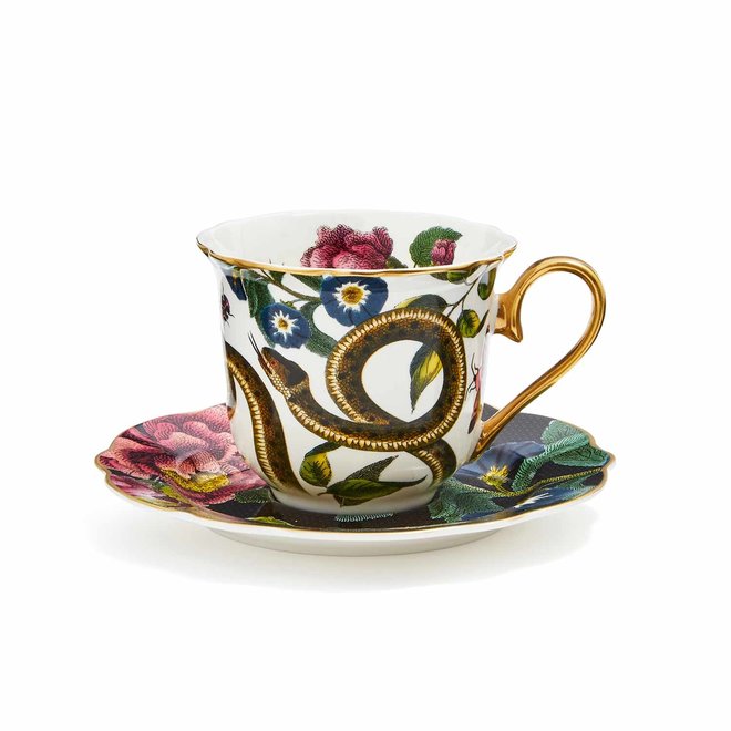 Creatures of Curiosity Snake & Dark Floral Fluted Teacup & Saucer