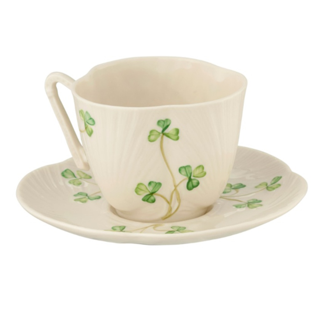 Belleek Shamrock Harp Teacup & Saucer